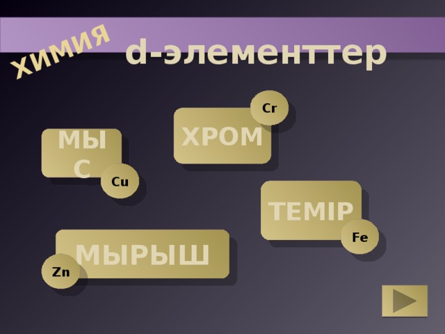 X ИМИЯ d-элементтер Cr ХРОМ МЫС Cu ТЕМІР Fe МЫРЫШ Zn 