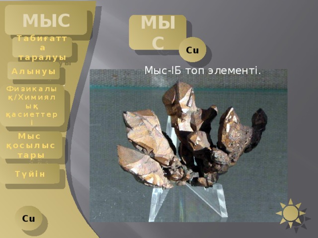 МЫС МЫС Cu Табиғатта таралуы Алынуы  Мыс-IБ топ элементі. . Физикалық/Химиялық қасиеттері Мыс қосылыстары Түйін Cu 