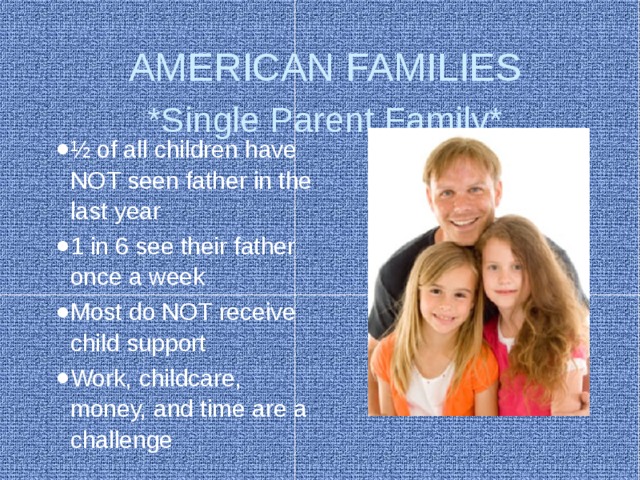 AMERICAN FAMILIES  *Single Parent Family* ½ of all children have NOT seen father in the last year 1 in 6 see their father once a week Most do NOT receive child support Work, childcare, money, and time are a challenge 