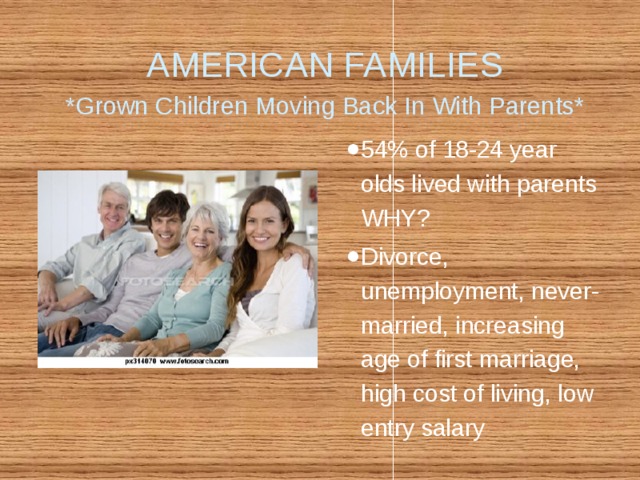 AMERICAN FAMILIES  *Grown Children Moving Back In With Parents* 54% of 18-24 year olds lived with parents WHY? Divorce, unemployment, never-married, increasing age of first marriage, high cost of living, low entry salary 