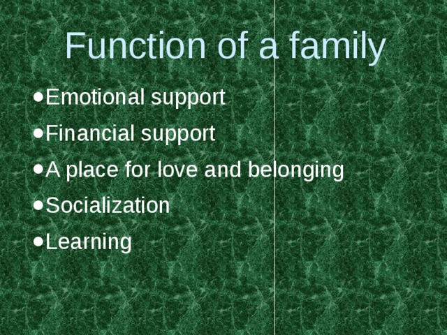 Function of a family Emotional support Financial support A place for love and belonging Socialization Learning 