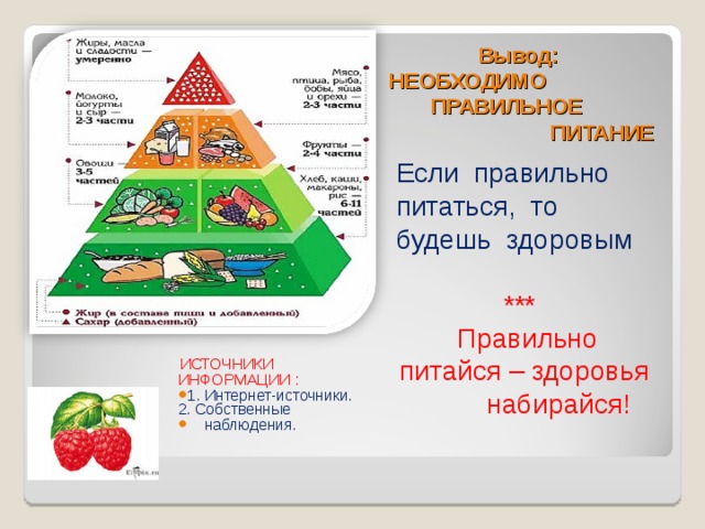 Вывод:  НЕОБХОДИМО ПРАВИЛЬНОЕ ПИТАНИЕ Если правильно питаться, то будешь здоровым   ***  Правильно питайся – здоровья набирайся!  ИСТОЧНИКИ ИНФОРМАЦИИ : 1. Интернет-источники.  2. Собственные  наблюдения.    