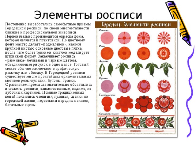 Элементы росписи Постепенно выработались самобытные приемы Городецкой росписи, по своей многоэтапности близкие к профессиональной живописи. Первоначально производится окраска фона, которая является и грунтовкой. По цветному фону мастер делает «подмалевок», нанося крупной кистью основные цветовые пятна, после чего более тонкими кистями моделирует штрихами форму. Заканчивает роспись «разживка» белилами и черным цветом, объединяющая рисунок в одно целое. Готовый сюжет обычно заключают в графическую рамочку или обводку. В Городецкой росписи существует много простейших орнаментальных мотивов розы-купавки, бутоны, травки.  С развитием промысла значительно обогатились и сюжеты росписи, заимствованные, видимо, из лубочных картинок. Помимо традиционных коней появились чаепития, гулянья, сценки из городской жизни, персонажи народных сказок, батальные сцены 