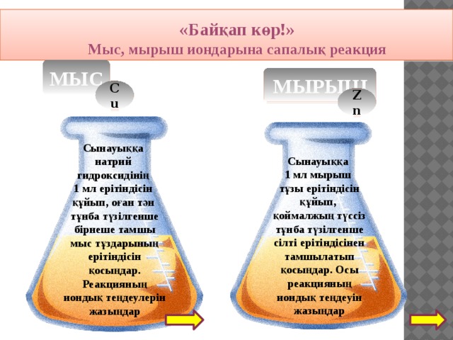 «Байқап көр!» Мыс, мырыш иондарына сапалық реакция  МЫС МЫРЫШ Cu Zn Сынауыққа натрий гидроксидінің 1 мл ерітіндісін құйып, оған тән тұнба түзілгенше бірнеше тамшы мыс тұздарының ерітіндісін қосыңдар. Реакцияның иондық теңдеулерін жазыңдар Сынауыққа 1 мл мырыш тұзы ерітіндісін құйып, қоймалжың түссіз тұнба түзілгенше сілті ерітіндісінен тамшылатып қосыңдар. Осы реакцияның иондық теңдеуін жазыңдар 