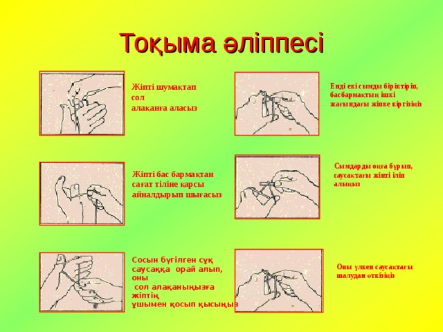 Тоқыма әліппесі Жіпті шумақтап сол алақанға аласыз Енді екі сымды біріктіріп, басбармақтың ішкі жағындағы жіпке кіргізіңіз Сымдарды оңға бұрып, саусақтағы жіпті іліп алыңыз Жіпті бас бармақтан сағат тіліне қарсы айналдырып шығасыз Сосын бүгілген сұқ саусаққа орай алып, оны  сол алақаныңызға жіптің ұшымен қосып қысыңыз  Оны үлкен саусақтағы шалудан өткізіңіз 
