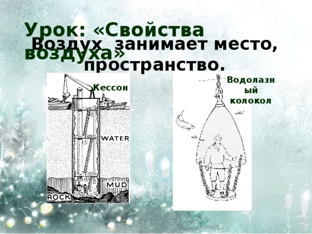 Урок: «Свойства воздуха» Воздух занимает место, пространство. Водолазный колокол Кессон 