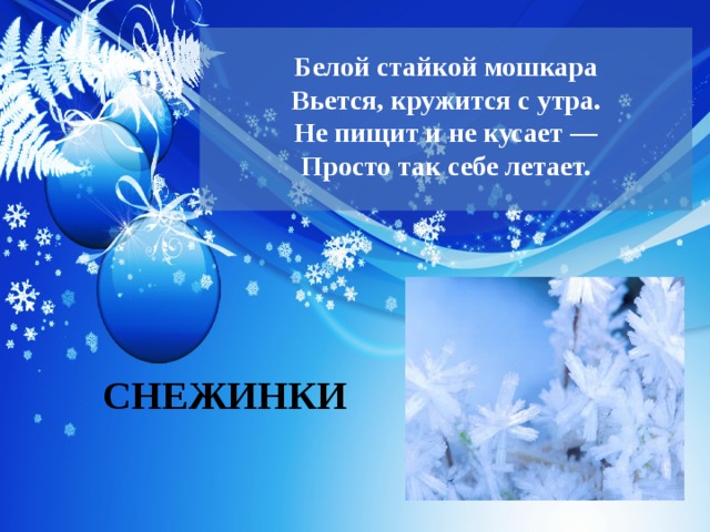   Белой стайкой мошкара  Вьется, кружится с утра.  Не пищит и не кусает —  Просто так себе летает.   СНЕЖИНКИ 