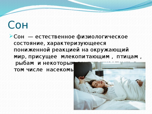 Сон Сон — естественное физиологическое состояние, характеризующееся пониженной реакцией на окружающий мир, присущеe млекопитающим , птицам , рыбам и некоторым другим животным, в том числе насекомым. 