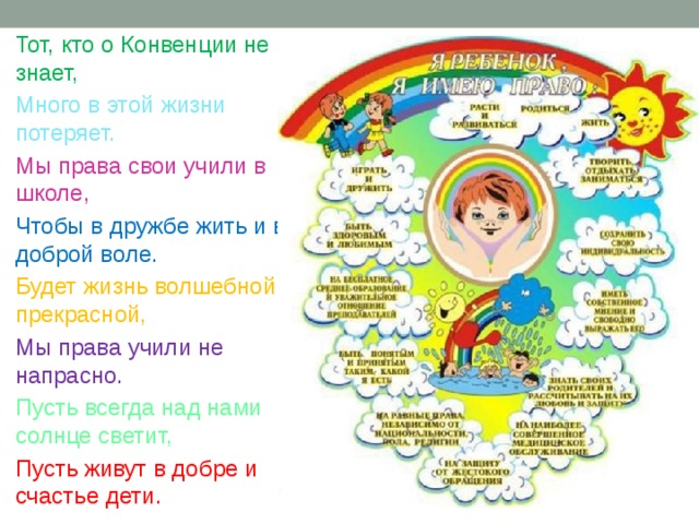 Тот, кто о Конвенции не знает, Много в этой жизни потеряет. Мы права свои учили в школе, Чтобы в дружбе жить и в доброй воле. Будет жизнь волшебной и прекрасной, Мы права учили не напрасно. Пусть всегда над нами солнце светит, Пусть живут в добре и счастье дети. 