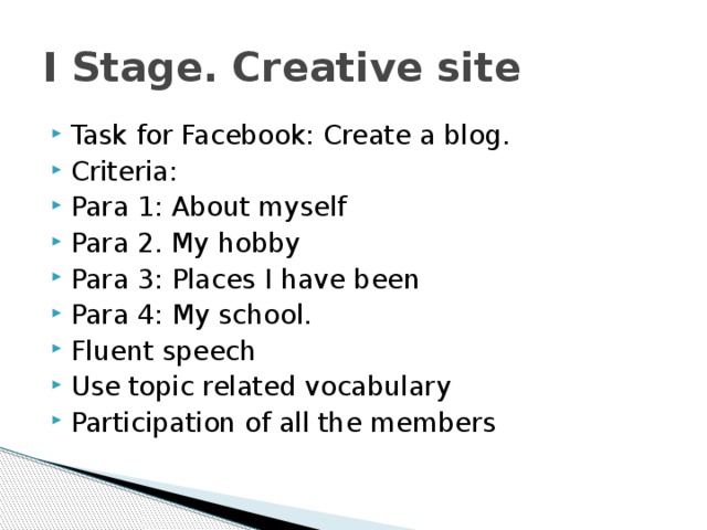 I Stage. Creative site Task for Facebook: Create a blog. Criteria: Para 1: About myself Para 2. My hobby Para 3: Places I have been Para 4: My school. Fluent speech Use topic related vocabulary Participation of all the members 