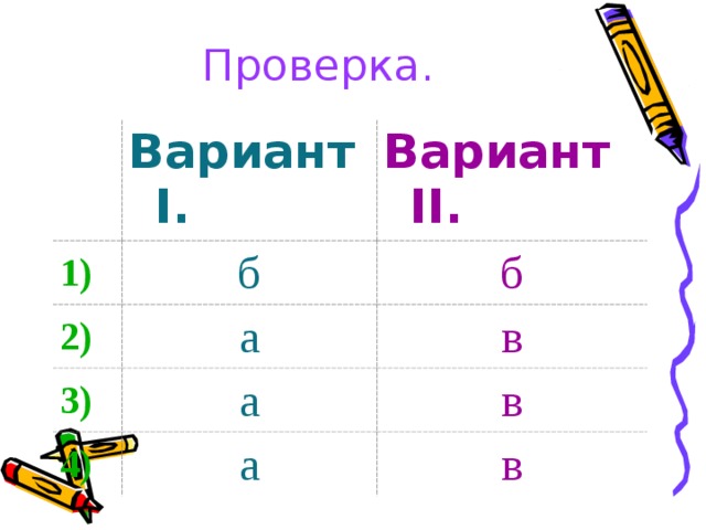 Проверка. Вариант I. 1) Вариант II. б 2) а б 3) в а 4) а в в 