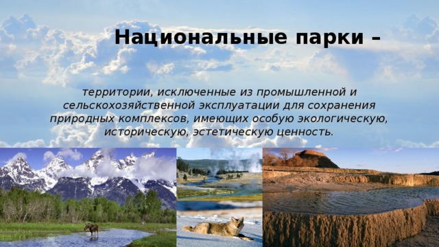 Национальные парки – территории, исключенные из промышленной и сельскохозяйственной эксплуатации для сохранения природных комплексов, имеющих особую экологическую, историческую, эстетическую ценность.  