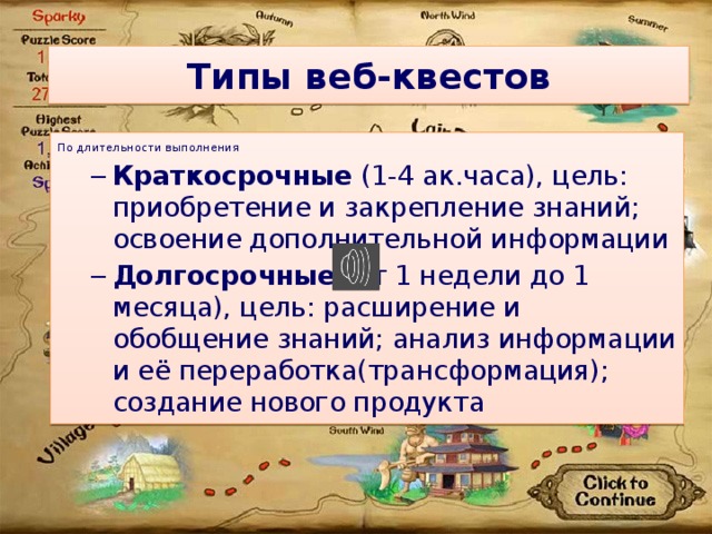 Типы веб-квестов По длительности выполнения Краткосрочные (1-4 ак.часа), цель: приобретение и закрепление знаний; освоение дополнительной информации Долгосрочные (от 1 недели до 1 месяца), цель: расширение и обобщение знаний; анализ информации и её переработка(трансформация); создание нового продукта Краткосрочные (1-4 ак.часа), цель: приобретение и закрепление знаний; освоение дополнительной информации Долгосрочные (от 1 недели до 1 месяца), цель: расширение и обобщение знаний; анализ информации и её переработка(трансформация); создание нового продукта 