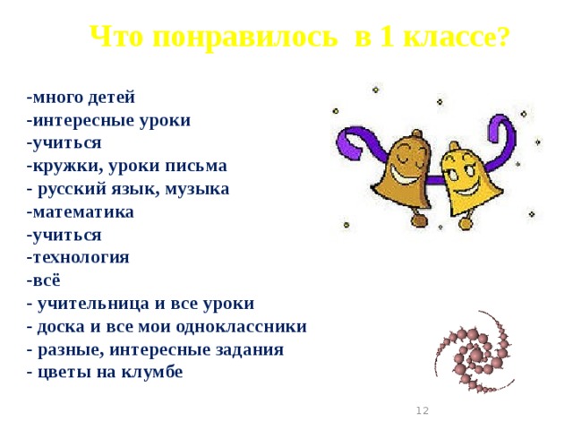  Что понравилось в 1 класс е? -много детей -интересные уроки -учиться -кружки, уроки письма - русский язык, музыка -математика -учиться -технология -всё - учительница и все уроки - доска и все мои одноклассники - разные, интересные задания - цветы на клумбе  