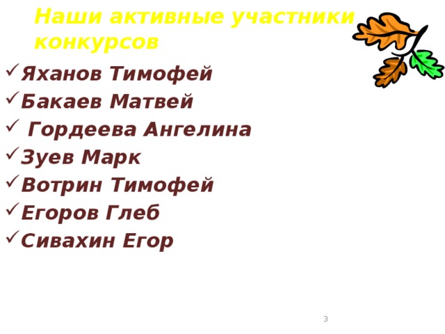 Наши активные участники конкурсов Яханов Тимофей Бакаев Матвей  Гордеева Ангелина Зуев Марк Вотрин Тимофей Егоров Глеб Сивахин Егор  
