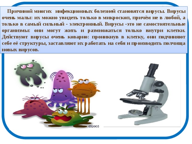  Причиной многих  инфекционных болезней становятся вирусы. Вирусы очень малы: их можно увидеть только в микроскоп, причём не в любой, а только в самый сильный - электронный. Вирусы -это не самостоятельные организмы: они могут жить и размножаться только внутри клетки. Действуют вирусы очень коварно: проникнув в клетку, они подчиняют себе её структуры, заставляют их работать на себя и производить полчища новых вирусов. 