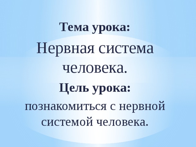 Тема урока: Нервная система человека. Цель урока: познакомиться с нервной системой человека. 