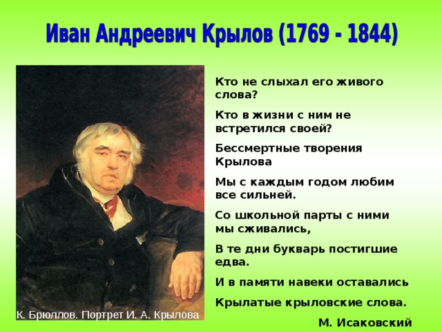 Кто не слыхал его живого слова? Кто в жизни с ним не встретился своей? Бессмертные творения Крылова Мы с каждым годом любим все сильней. Со школьной парты с ними мы сживались, В те дни букварь постигшие едва. И в памяти навеки оставались Крылатые крыловские слова. М. Исаковский  К. Брюллов. Портрет И. А. Крылова 