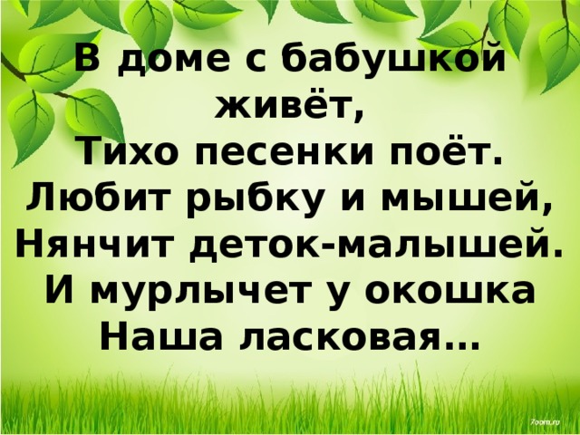 В доме с бабушкой живёт,  Тихо песенки поёт.  Любит рыбку и мышей,  Нянчит деток-малышей.  И мурлычет у окошка  Наша ласковая… 