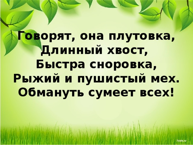 Говорят, она плутовка,  Длинный хвост,  Быстра сноровка,  Рыжий и пушистый мех.  Обмануть сумеет всех! 