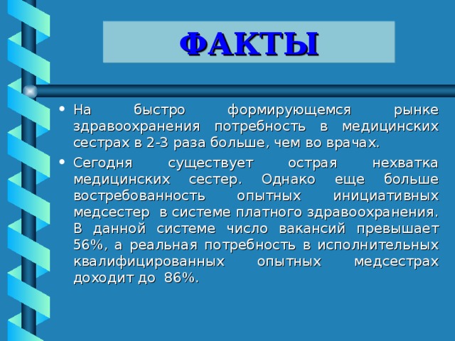 ФАКТЫ На быстро формирующемся рынке здравоохранения потребность в медицинских сестрах в 2-3 раза больше, чем во врачах. Сегодня существует острая нехватка медицинских сестер. Однако еще больше востребованность опытных инициативных медсестер в системе платного здравоохранения. В данной системе число вакансий превышает 56%, а реальная потребность в исполнительных квалифицированных опытных медсестрах доходит до 86%.  