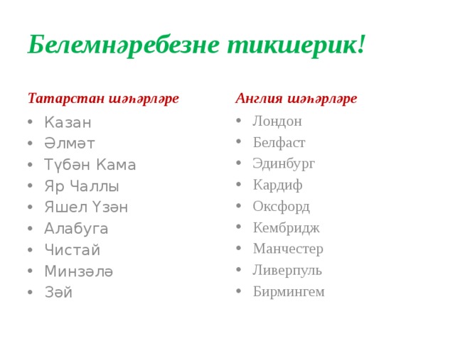 Белемнәребезне тикшерик! Татарстан шәһәрләре Англия шәһәрләре Казан Әлмәт Түбән Кама Яр Чаллы Яшел Үзән Алабуга Чистай Минзәлә Зәй Лондон Белфаст Эдинбург Кардиф Оксфорд Кембридж Манчестер Ливерпуль Бирмингем 