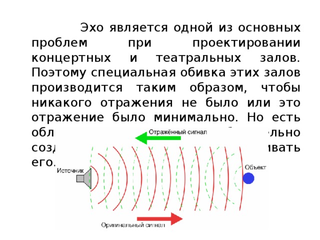  Эхо является одной из основных проблем при проектировании концертных и театральных залов. Поэтому специальная обивка этих залов производится таким образом, чтобы никакого отражения не было или это отражение было минимально. Но есть области, где мы должны обязательно создавать это отражение, усиливать его. 