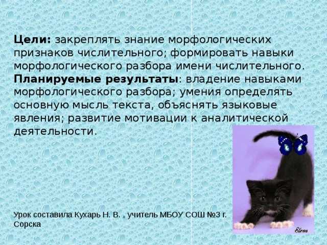 Цели: закреплять знание морфологических признаков числительного; формировать навыки морфологического разбора имени числительного. Планируемые результаты : владение навыками морфологического разбора; умения определять основную мысль текста, объяснять языковые явления; развитие мотивации к аналитической деятельности. Урок составила Кухарь Н. В. , учитель МБОУ СОШ №3 г. Сорска 