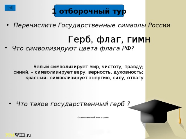 1 отборочный тур Перечислите Государственные символы России   Герб , флаг, гимн  Что символизируют цвета флага РФ? Белый символизирует мир, чистоту, правду; синий, – символизирует веру, верность, духовность; красный– символизирует энергию, силу, отвагу В первом отборочном туре принимают участие все желающие. В отборочном туре 3 вопроса. Тот, кто первым отвечает на вопрос правильно, становится игроком основной части игры (т.е.входит в состав первой тройки игроков) Что такое государственный герб ? Отличительный знак страны  