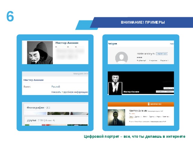 5  ВНИМАНИЕ! ПРИМЕРЫ Цифровой портрет – все, что ты делаешь в интернете 
