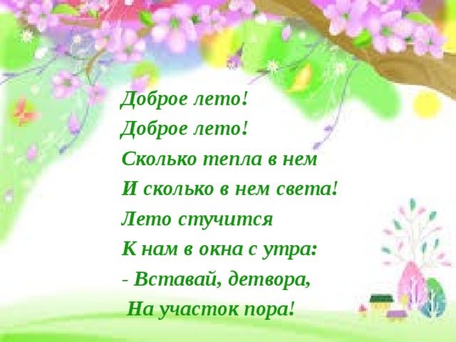 Доброе лето! Доброе лето! Сколько тепла в нем И сколько в нем света! Лето стучится К нам в окна с утра: - Вставай, детвора,  На участок пора!  