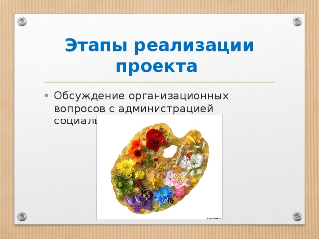 Этапы реализации проекта Обсуждение организационных вопросов с администрацией социального учреждения 