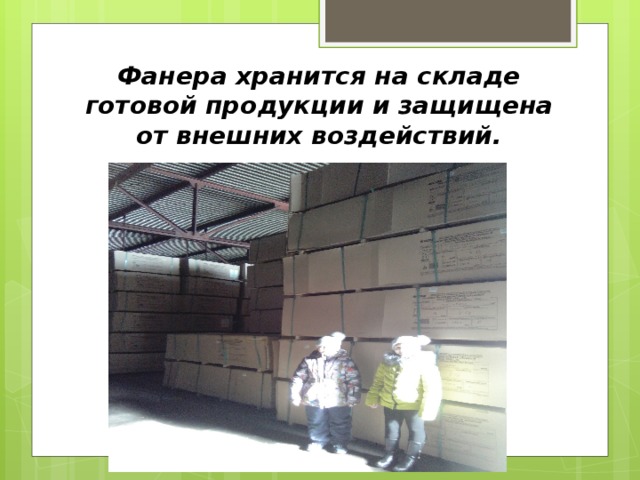 Фанера хранится на складе готовой продукции и защищена от внешних воздействий. 