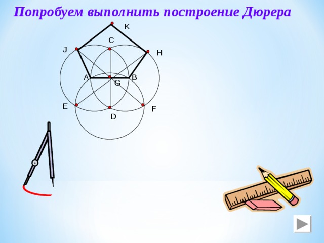 Попробуем выполнить построение Дюрера K C J H A B G E F D 