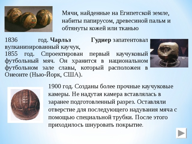 Мячи, найденные на Египетской земле, набиты папирусом, древесиной пальм и обтянуты кожей или тканью 1836 год.  Чарльз Гудиер  запатентовал вулканизированный каучук, 1855 год. Спроектирован первый каучуковый футбольный мяч. Он хранится в национальном футбольном зале славы, который расположен в Онеонте (Нью-Йорк, США). 1900 год. Созданы более прочные каучуковые камеры. Не надутая камера вставлялась в заранее подготовленный разрез. Оставляли отверстие для последующего надувания мяча с помощью специальной трубки. После этого приходилось шнуровать покрытие . 