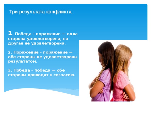 Три результата конфликта.   1 . Победа – поражение — одна сторона удовлетворена, но другая не удовлетворена.   2. Поражение – поражение — обе стороны не удовлетворены результатом.  3. Победа – победа — обе стороны приходят к согласию. 