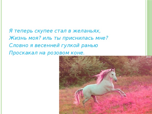 Я теперь скупее стал в желаньях, Жизнь моя? иль ты приснилась мне? Словно я весенней гулкой ранью Проскакал на розовом коне.   