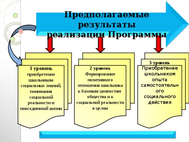 Предполагаемые результаты реализации Программы  2 уровень Формирование позитивного отношения школьника к базовым ценностям общества и к социальной реальности в целом    3 уровень 1 уровень приобретение школьником социальных знаний, понимания социальной реальности и повседневной жизни Приобретение школьником опыта самостоятельного социального действия