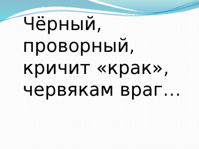 Чёрный, проворный,  кричит «крак»,  червякам враг… 