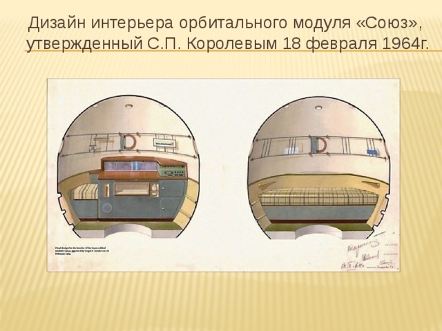 Дизайн интерьера орбитального модуля «Союз», утвержденный С.П. Королевым 18 февраля 1964г. 