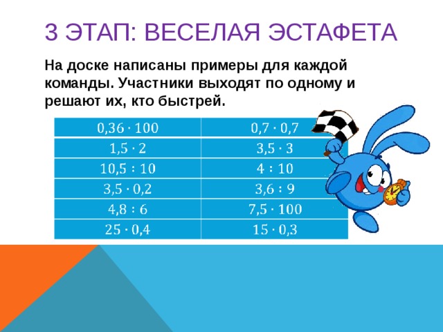 3 этап: ВЕСЕЛАЯ ЭСТАФЕТА На доске написаны примеры для каждой команды. Участники выходят по одному и решают их, кто быстрей.  
