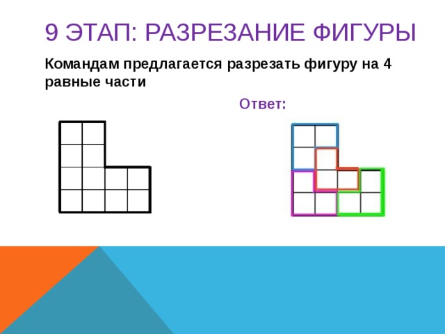 9 этап: РАЗРЕЗАНИЕ ФИГУРЫ Командам предлагается разрезать фигуру на 4 равные части   Ответ:  