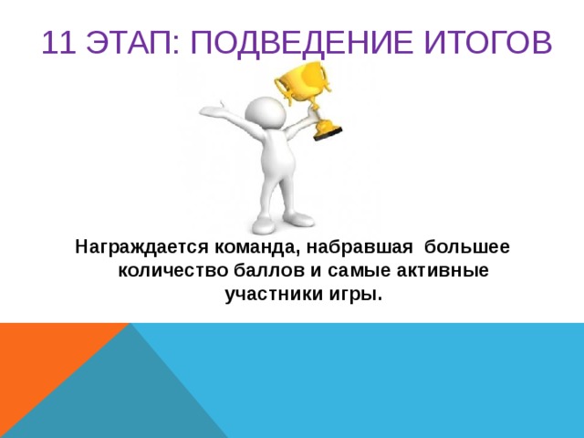 11 этап: ПОДВЕДЕНИЕ ИТОГОВ    Награждается команда, набравшая большее количество баллов и самые активные участники игры.  