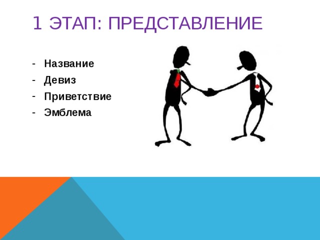 1 этап : ПРЕДСТАВЛЕНИЕ  Название Девиз Приветствие Эмблема  