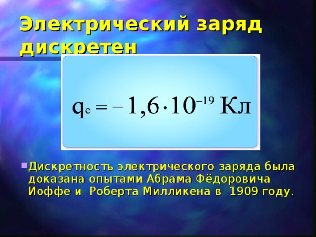 Электрический заряд дискретен Дискретность электрического заряда была доказана опытами Абрама Фёдоровича Иоффе и Роберта Милликена в 1909 году. 