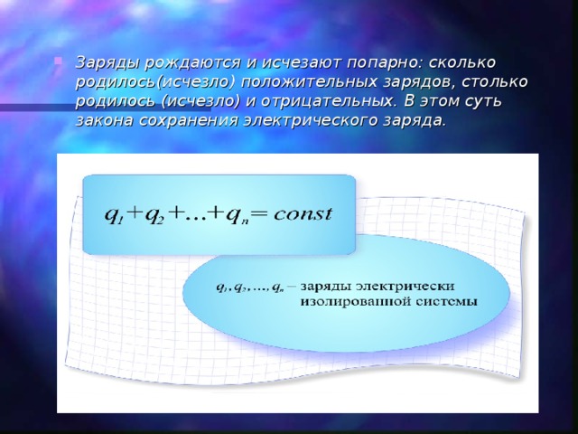 Заряды рождаются и исчезают попарно: сколько родилось(исчезло) положительных зарядов, столько родилось (исчезло) и отрицательных. В этом суть закона сохранения электрического заряда.  