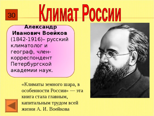 30 Александр Иванович Воейков (1842-1916)– русский климатолог и географ, член-корреспондент Петербургской академии наук. «Климаты земного шара, в особенности России» — эта книга стала главным, капитальным трудом всей жизни А. И. Воейкова 