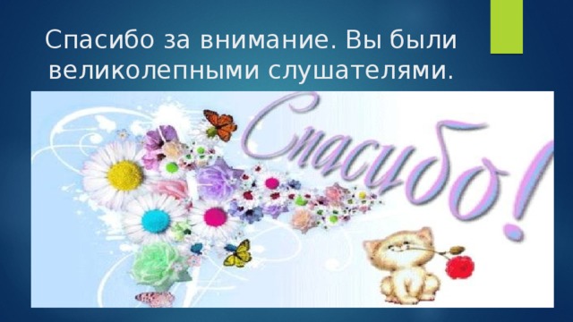 Спасибо за внимание. Вы были великолепными слушателями. 