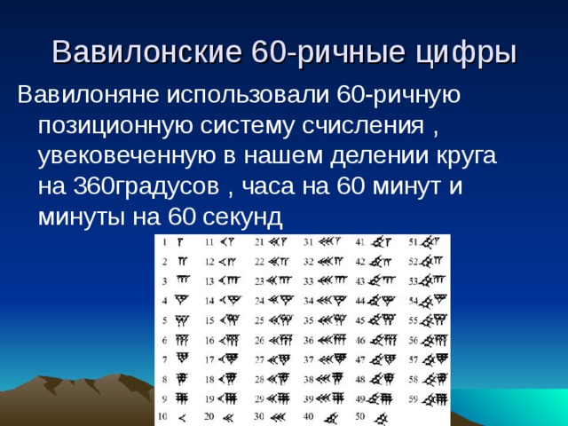 Вавилонские 60-ричные цифры Вавилоняне использовали 60-ричную позиционную систему счисления , увековеченную в нашем делении круга на 360градусов , часа на 60 минут и минуты на 60 секунд 