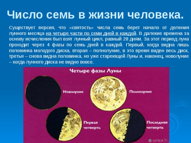 Число семь в жизни человека.    Существует версия, что «святость» числа семь берет начало от деления лунного месяца на четыре части по семи дней в каждой . В далекие времена за основу исчисления был взят лунный цикл, равный 28 дням. За этот период луна проходит через 4 фазы по семь дней в каждой. Первый, когда видна лишь половинка молодого диска, вторая – полнолуние, в это время виден весь диск, третья – снова видна половинка, но уже стареющей Луны и, наконец, новолуние – когда лунного диска не видно вовсе. 